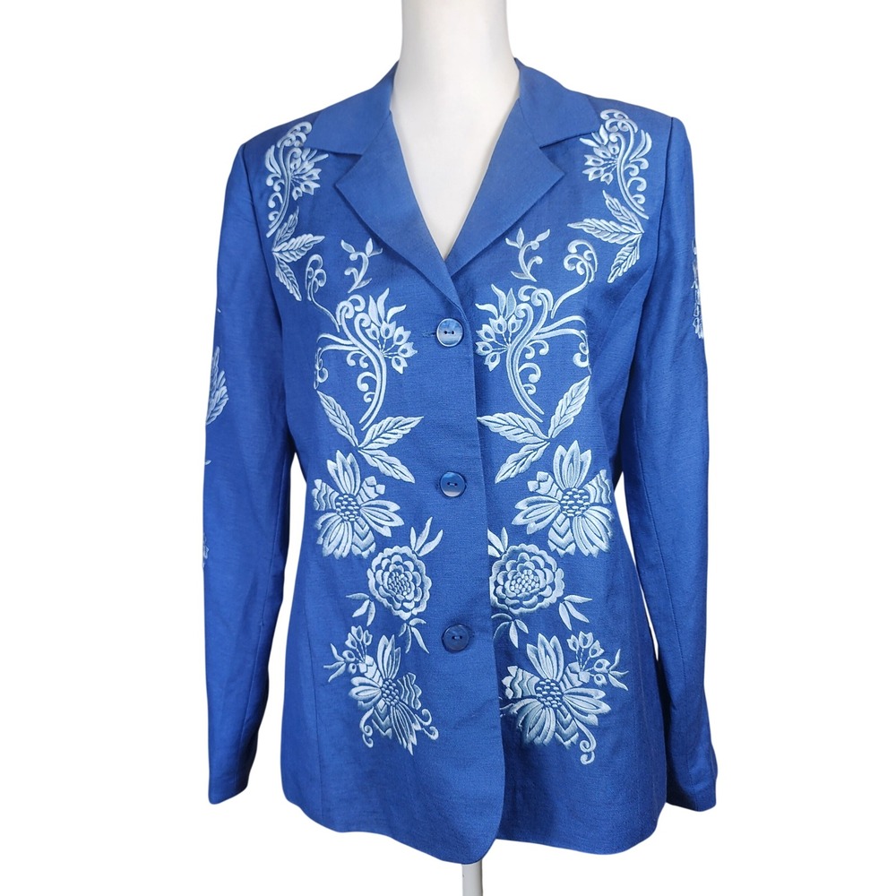 Victor Costa Blazer Jacket Womens Small Blue Linen Blend Embroidered Floral VTG